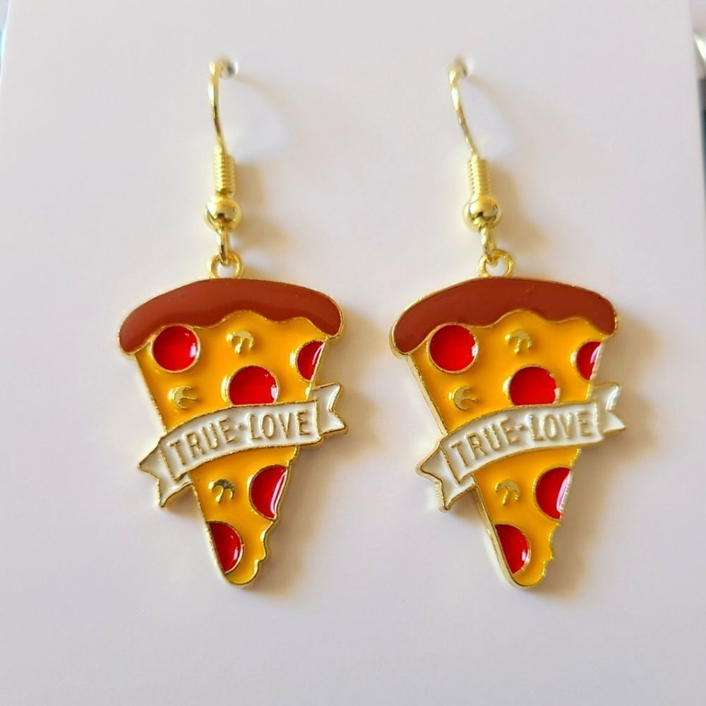 New Hand Crafted True Love Pizza Slice Cute Dangle Earrings 14K Gold Plated Hook